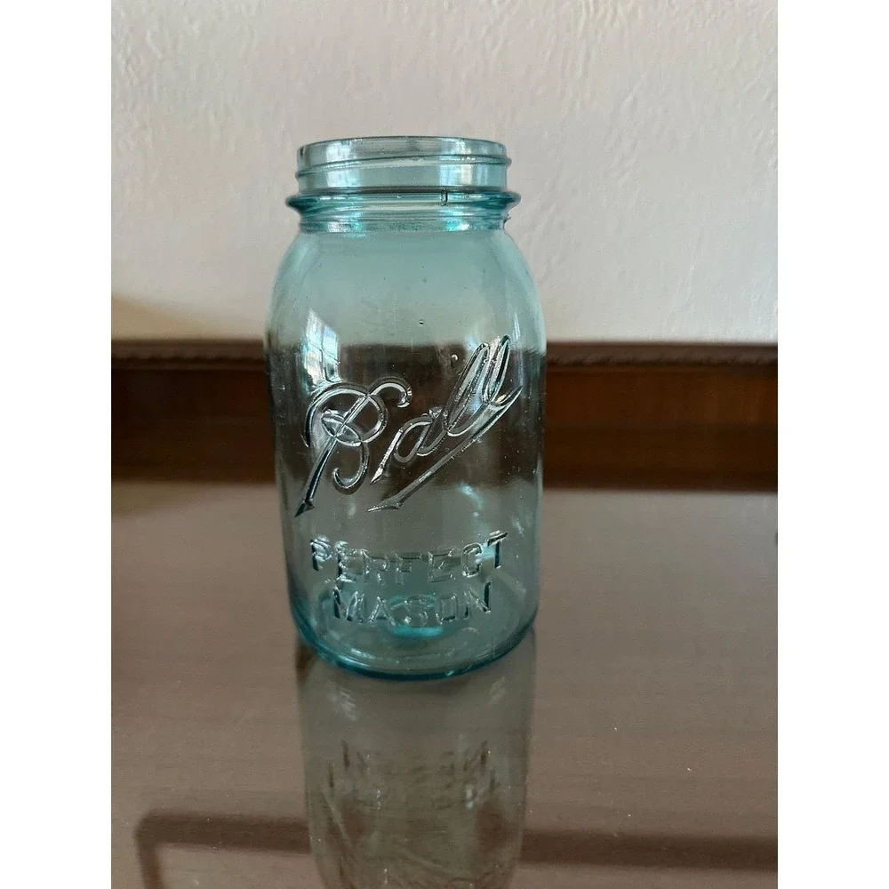 Antique 1910-1923 Blue Ball Perfect Mason Quart Jar 1 Wavy Glass Air Bubbles